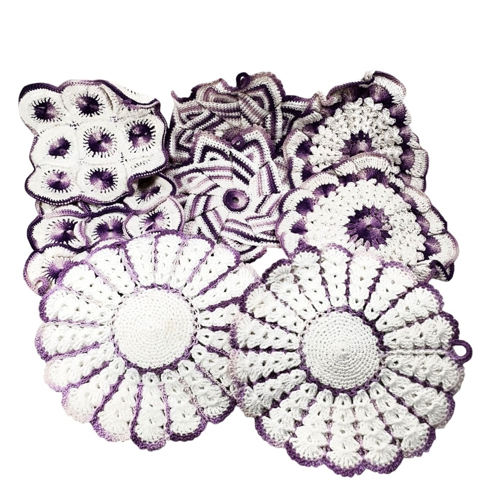 Vintage Crochet Potholder Set 8pc Purple Cream Handmade Trivet Hot Pad Mixed Lot